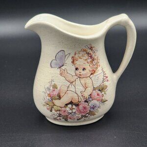 Arnel's Ceramic Creamer Speckled Baby Angle Butterfly Flowers Vintage
